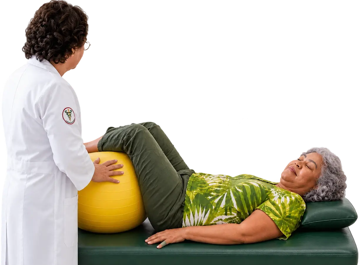 Fisioterapeuta acompanha exercício respiratório de paciente idosa deitada